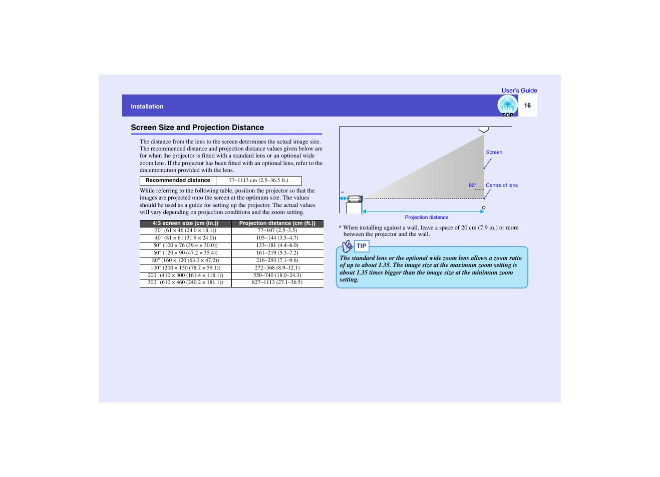 Screen size and projection distance | Epson EMP-7950 User Manual | Page 17 / 165