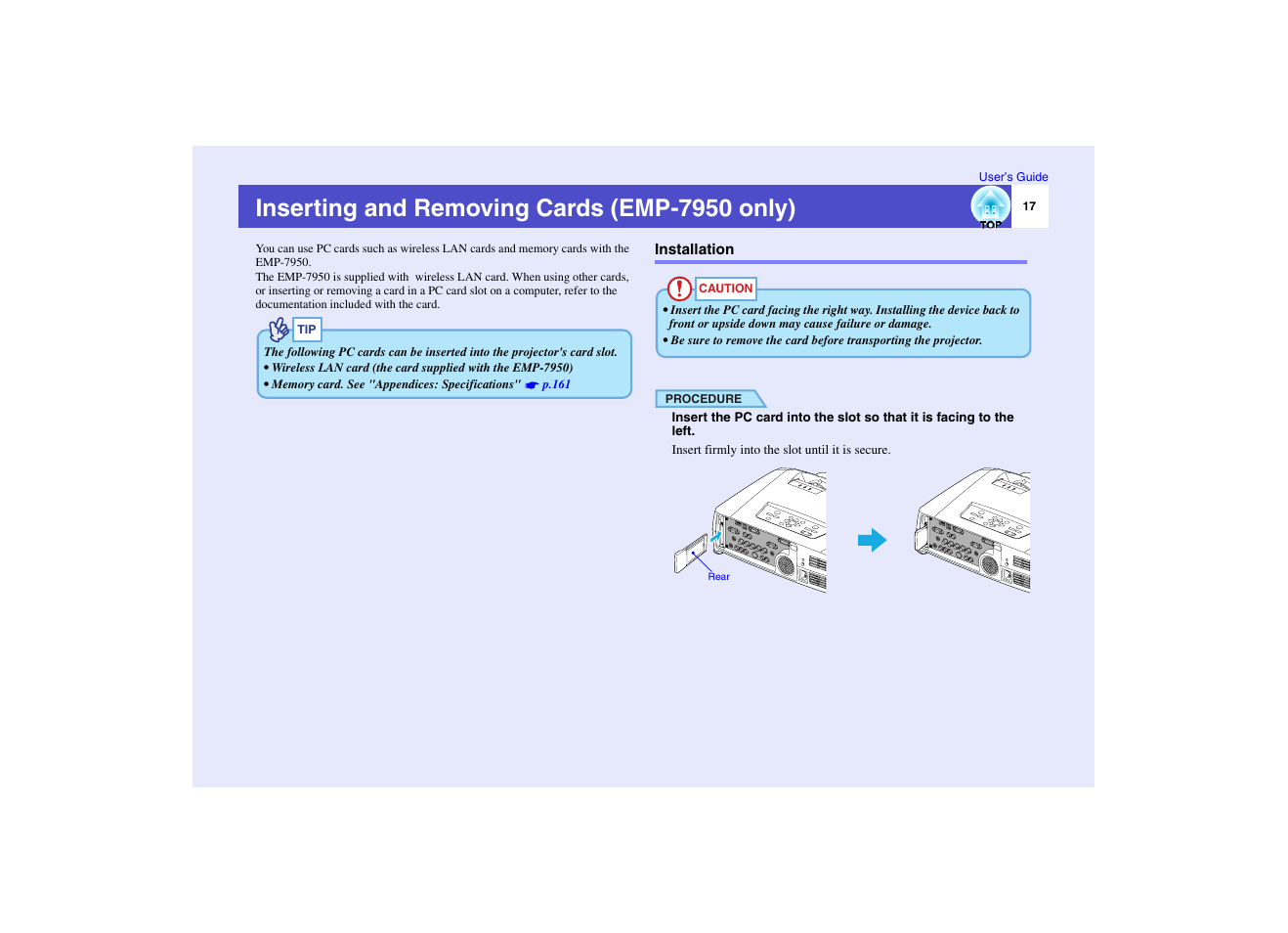 Inserting and removing cards (emp-7950 only), Installation, P.17 | Epson EMP-7950 User Manual | Page 18 / 165