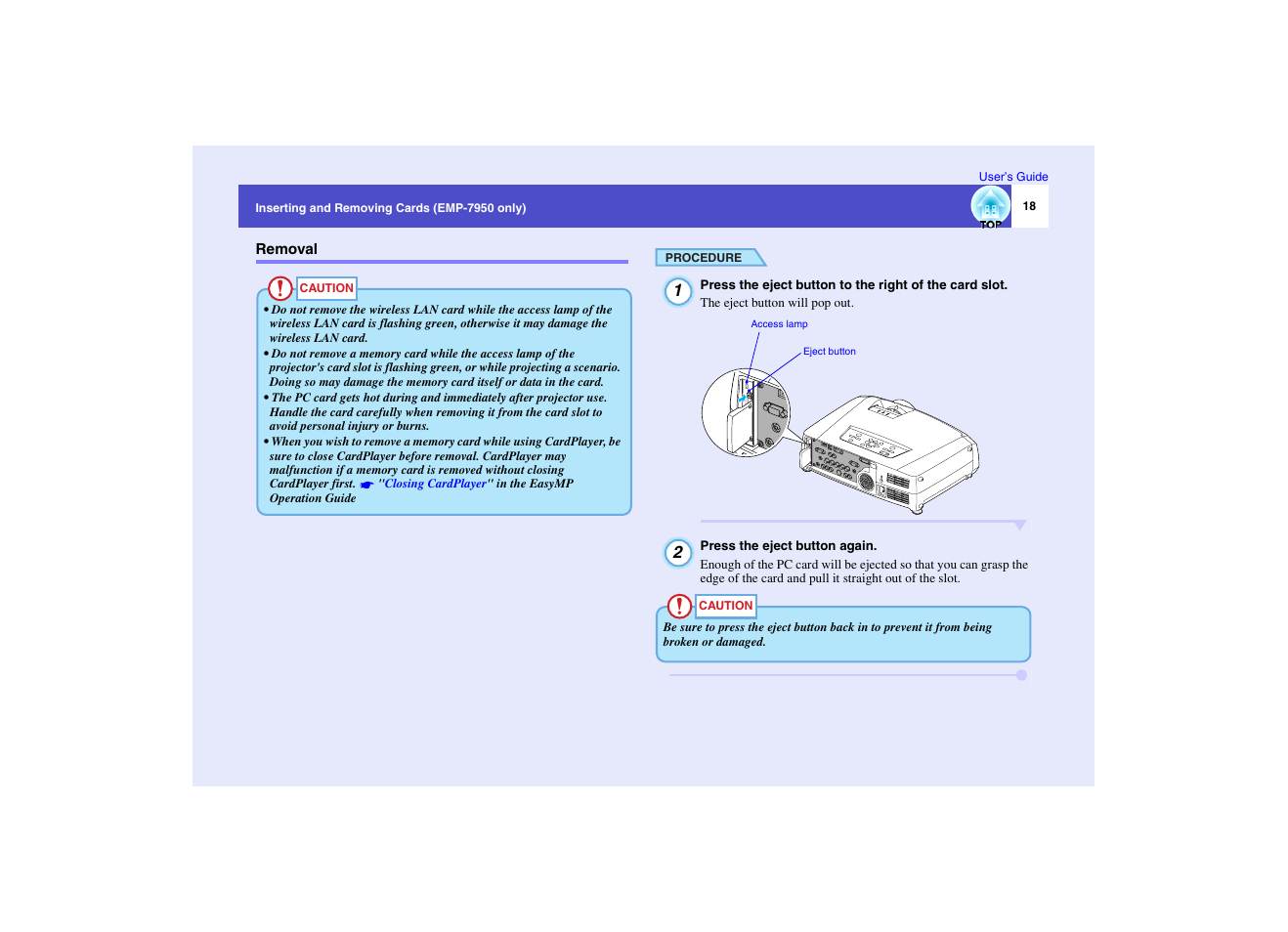 Removal, P.18 | Epson EMP-7950 User Manual | Page 19 / 165