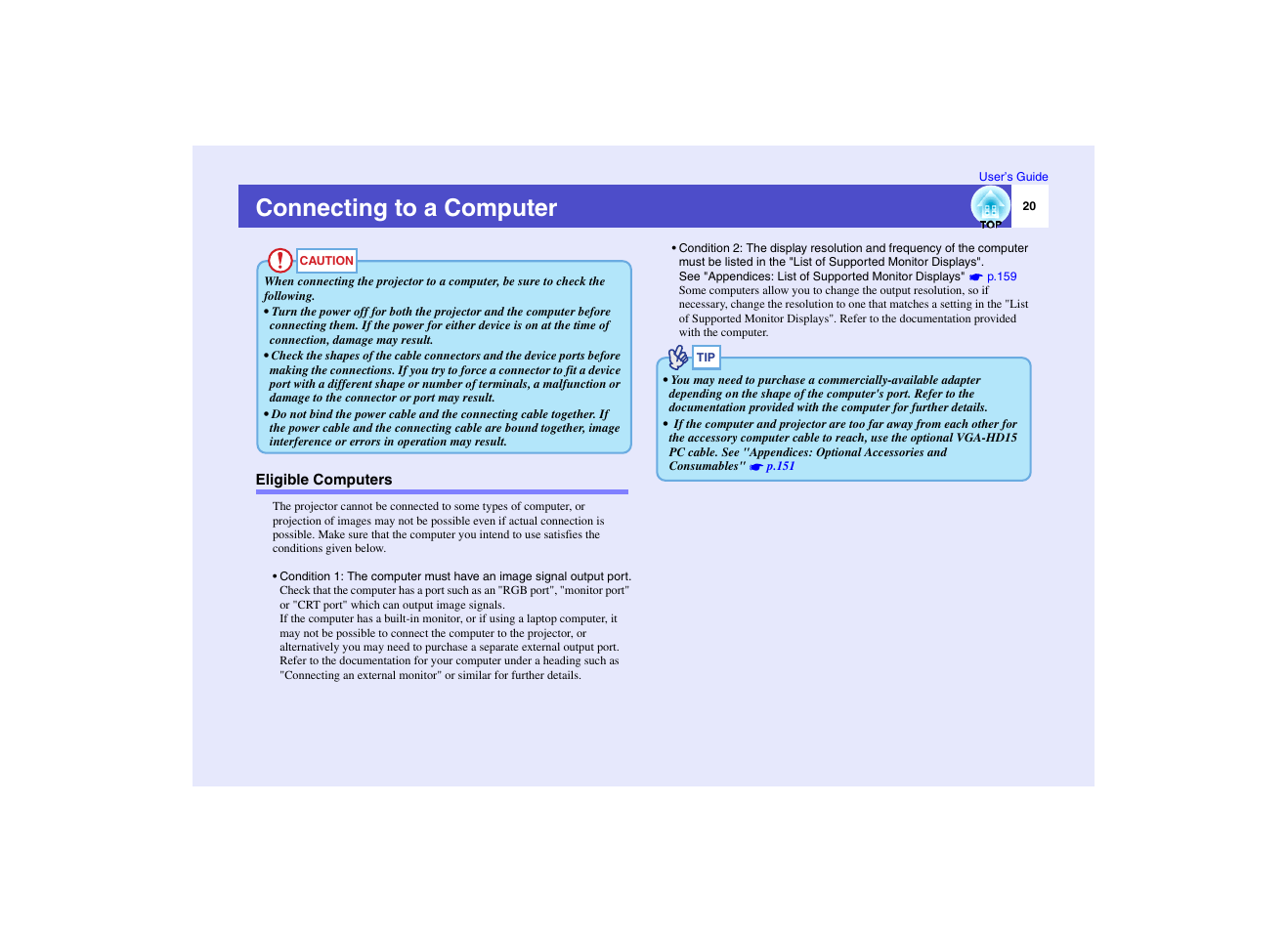 Connecting to a computer, Eligible computers, P.20 | Epson EMP-7950 User Manual | Page 21 / 165