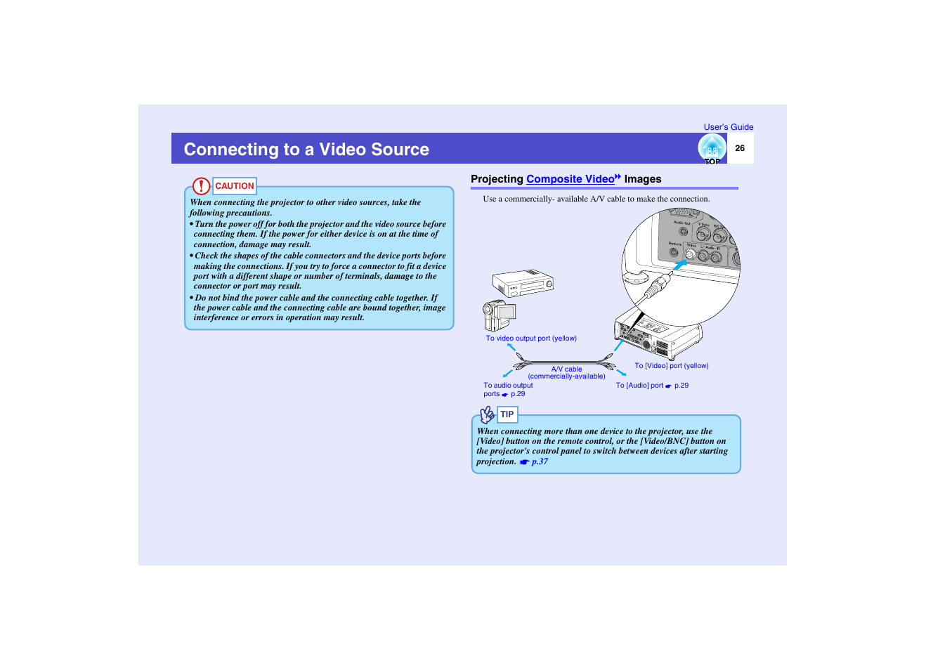 Connecting to a video source, Projecting composite video images, P.26 | Epson EMP-7950 User Manual | Page 27 / 165