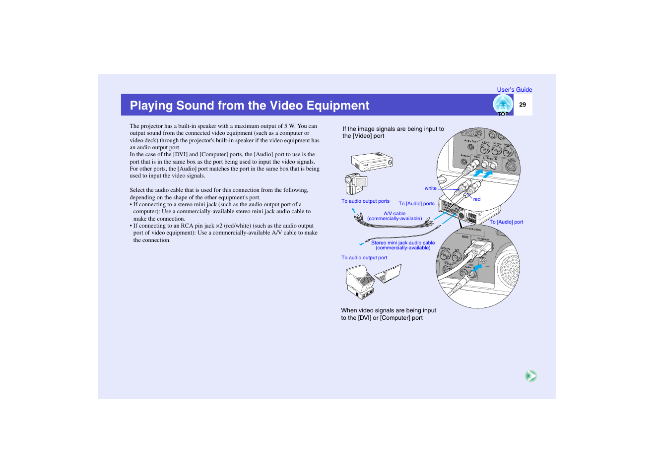 Playing sound from the video equipment, P.29 | Epson EMP-7950 User Manual | Page 30 / 165