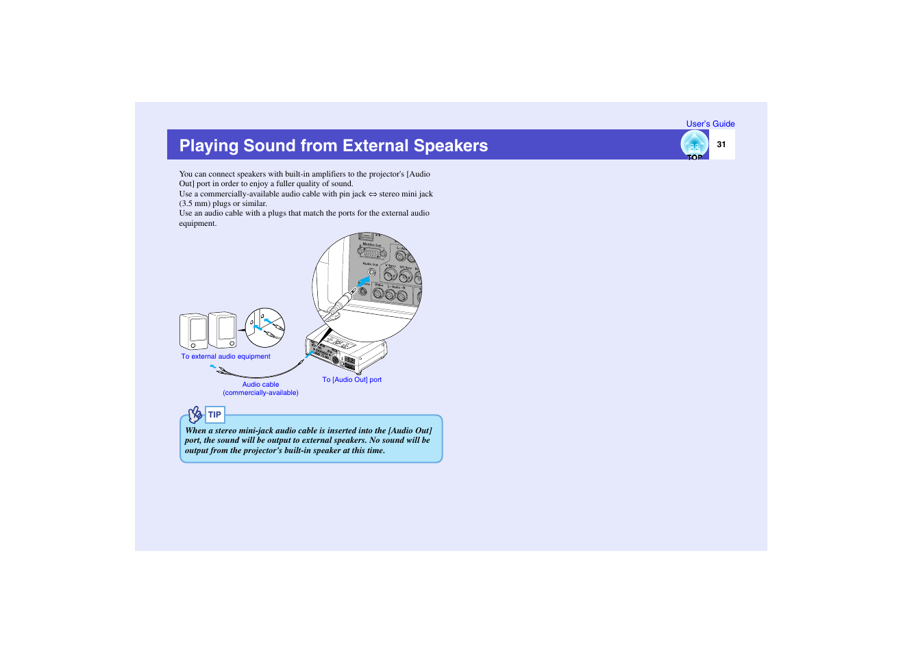 Playing sound from external speakers, P.31 | Epson EMP-7950 User Manual | Page 32 / 165