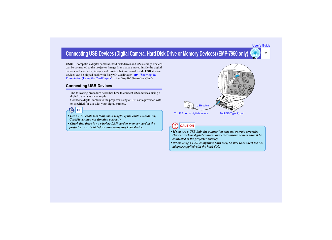 Connecting usb devices, P.32 | Epson EMP-7950 User Manual | Page 33 / 165