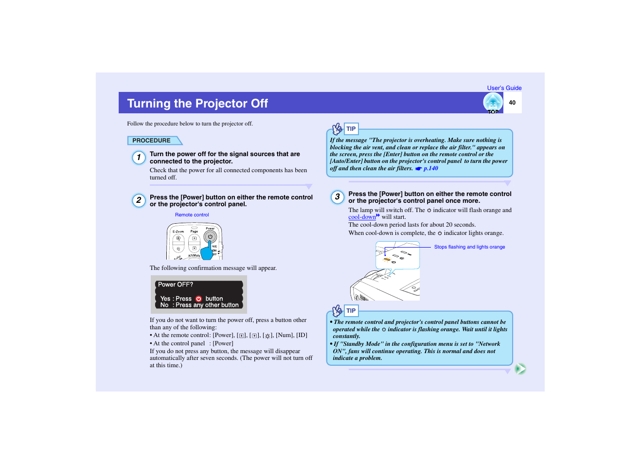 Turning the projector off, P.40 | Epson EMP-7950 User Manual | Page 41 / 165
