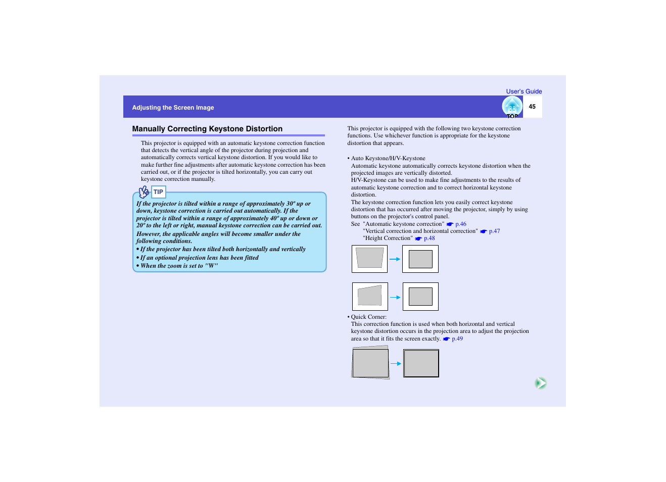 Manually correcting keystone distortion | Epson EMP-7950 User Manual | Page 46 / 165