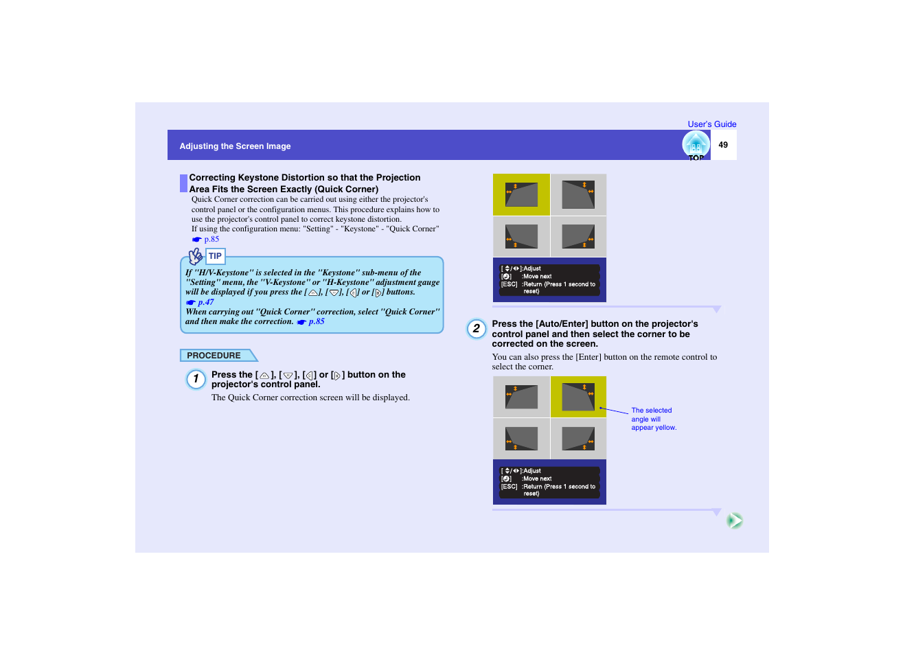 P.49, Correcting keystone distortion manually so that | Epson EMP-7950 User Manual | Page 50 / 165