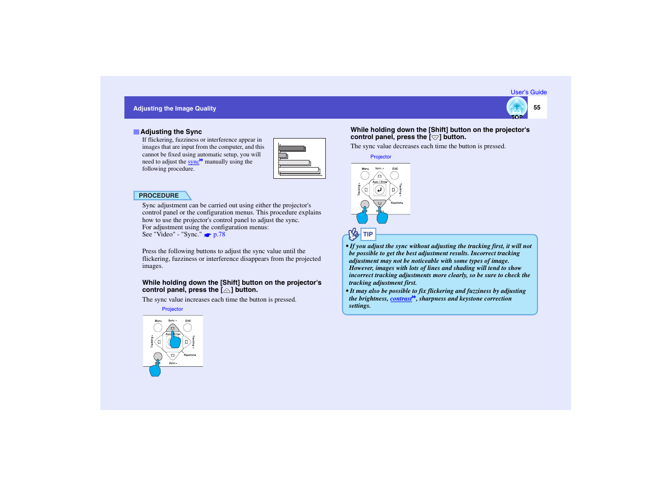 P.55, Adjusting the sync | Epson EMP-7950 User Manual | Page 56 / 165