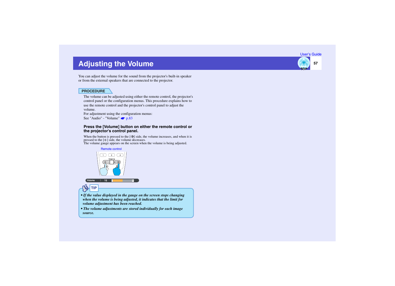 Adjusting the volume, P.57 | Epson EMP-7950 User Manual | Page 58 / 165