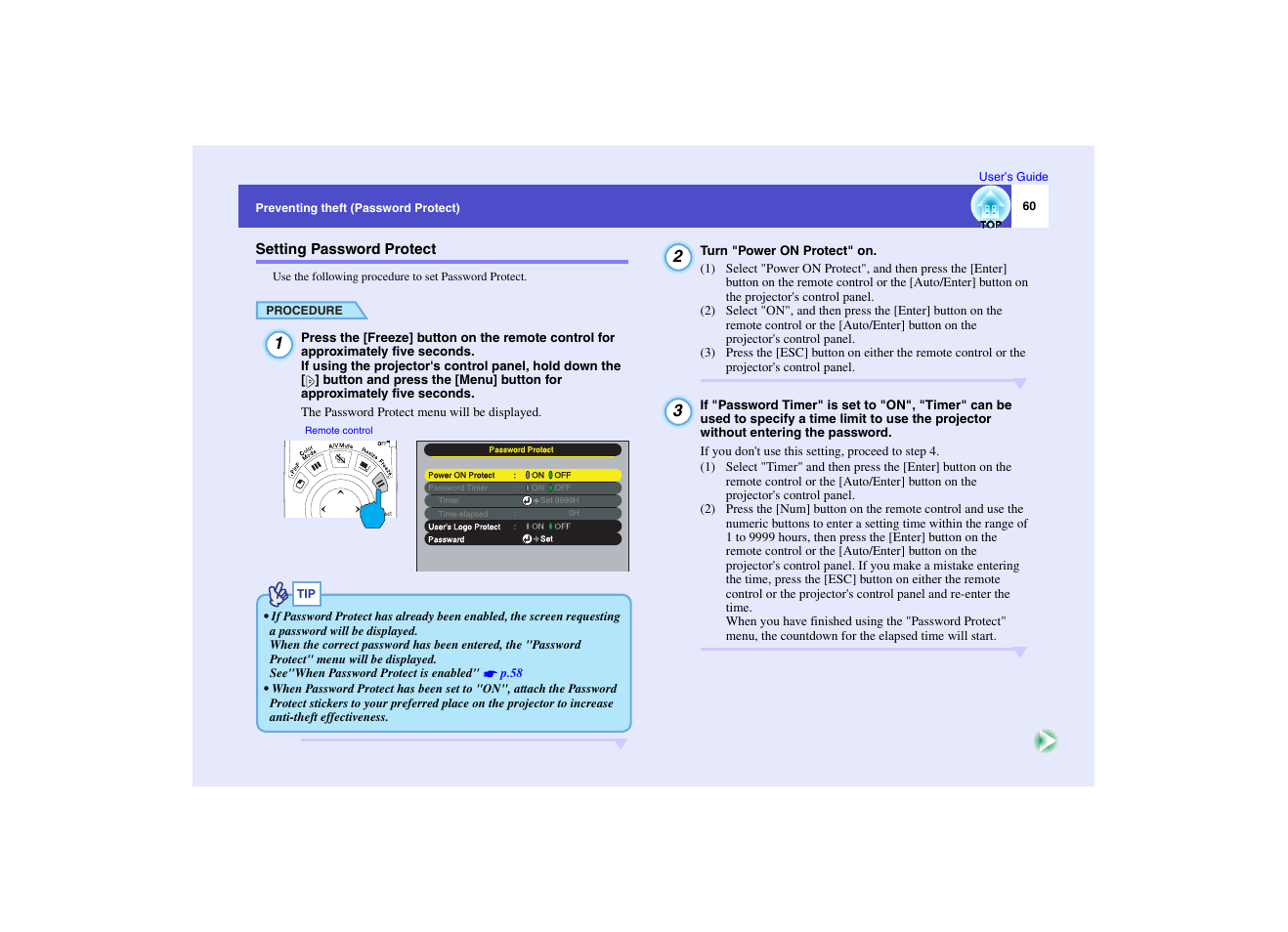 Setting password protect | Epson EMP-7950 User Manual | Page 61 / 165