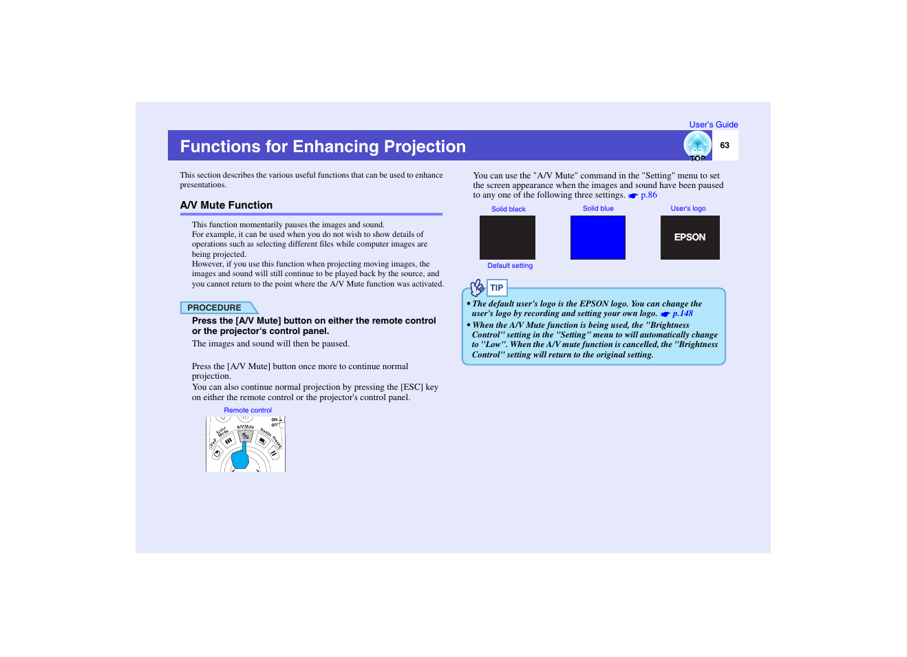 Functions for enhancing projection, A/v mute function, P.63 | Epson EMP-7950 User Manual | Page 64 / 165