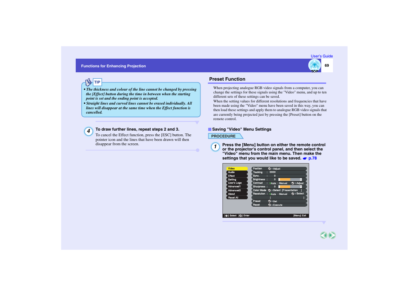Preset function, P.69, Saving "video" menu settings | Epson EMP-7950 User Manual | Page 70 / 165