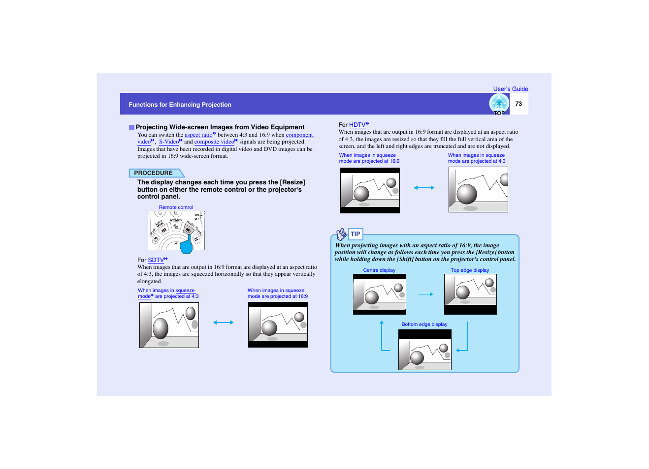 P.73, Projecting wide-screen images from video equipment | Epson EMP-7950 User Manual | Page 74 / 165