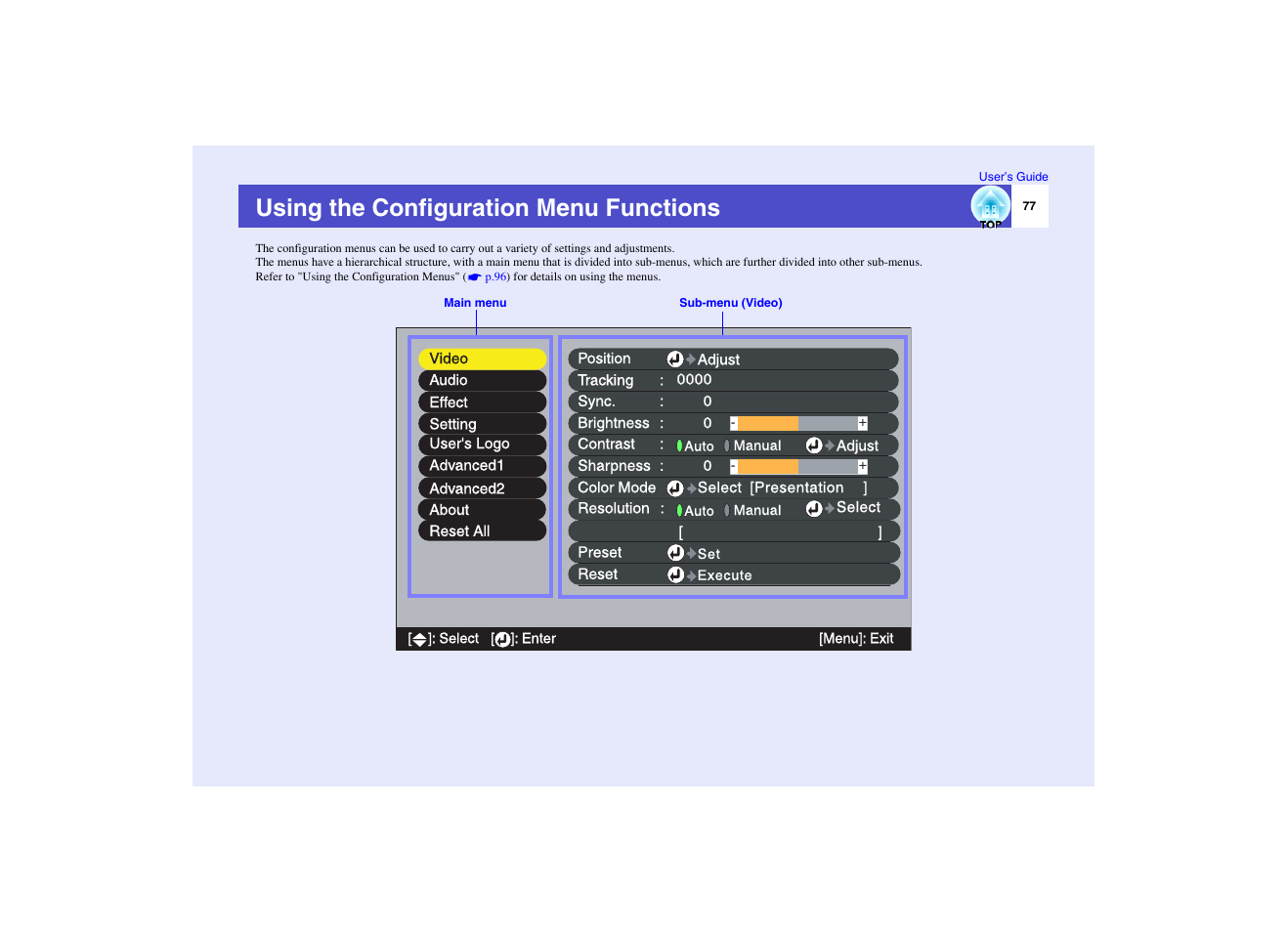 Using the configuration menu functions | Epson EMP-7950 User Manual | Page 78 / 165