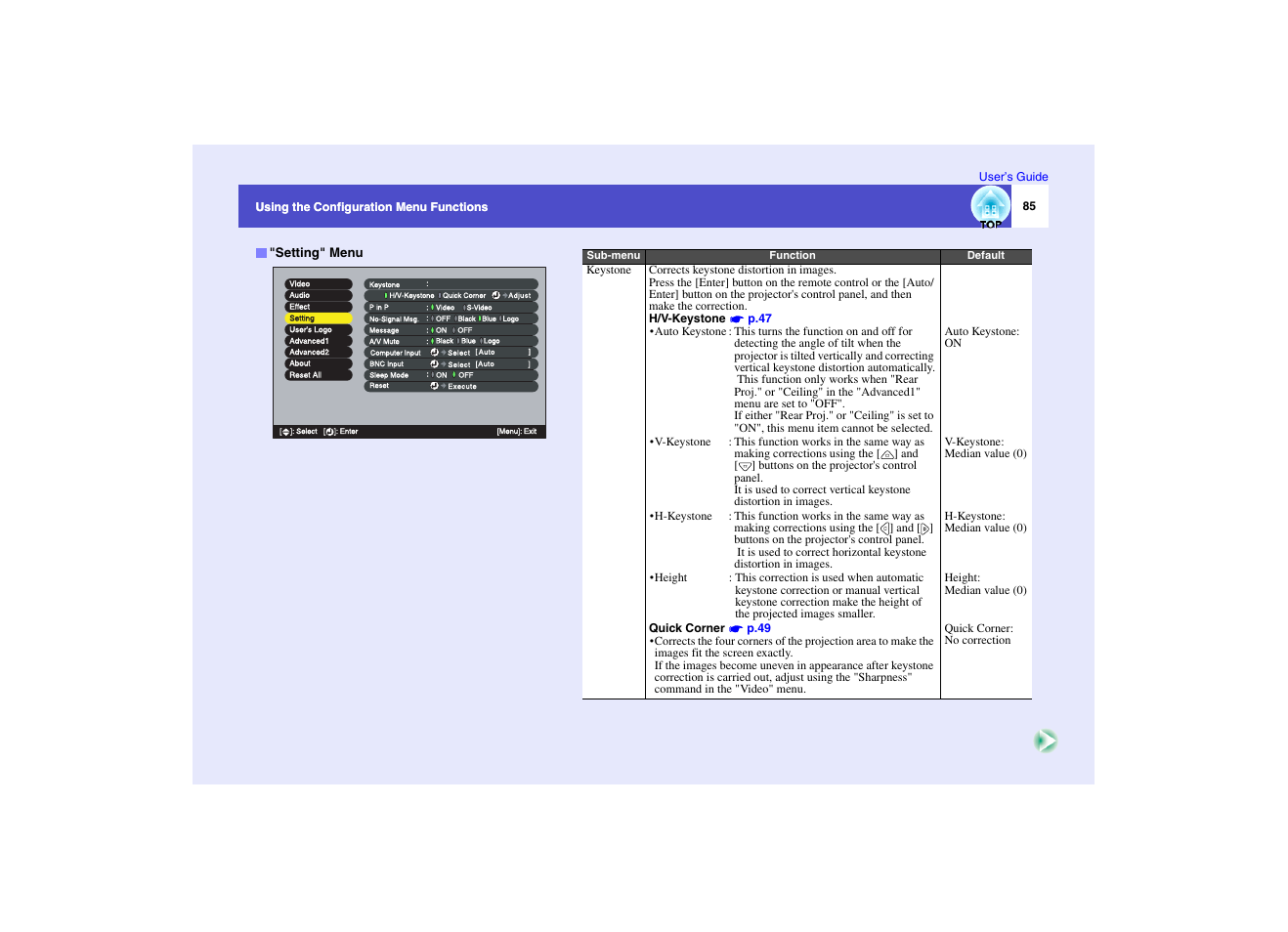P.85, Setting" menu | Epson EMP-7950 User Manual | Page 86 / 165