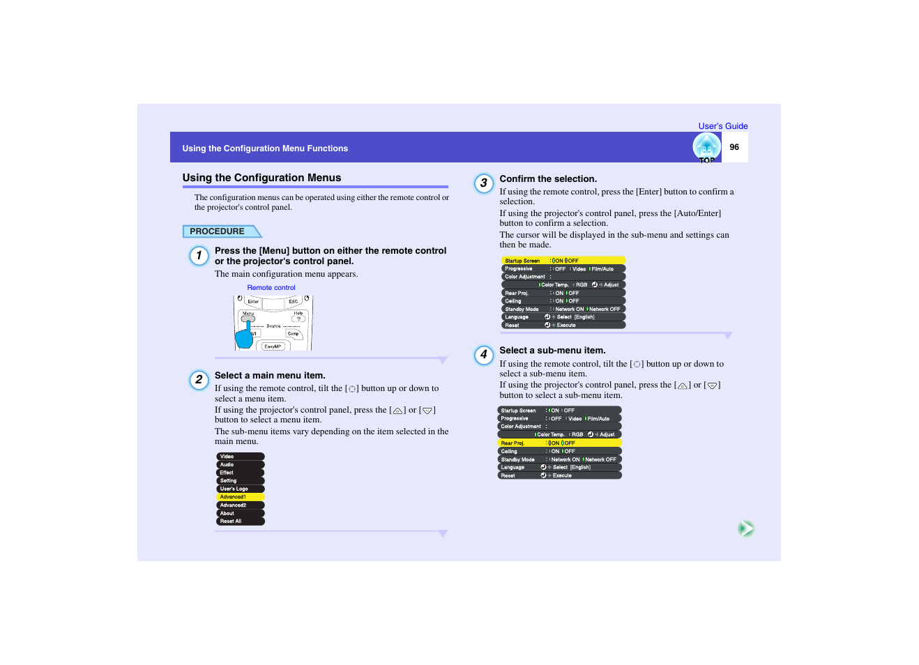 Using the configuration menus, P.96 | Epson EMP-7950 User Manual | Page 97 / 165