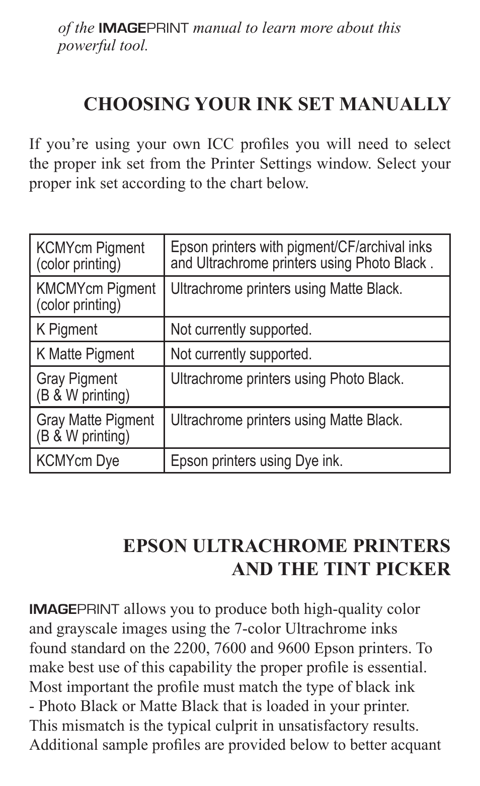 Choosing your ink set manually, Epson ultrachrome printers and the tint picker | Epson 2000/XP User Manual | Page 10 / 11