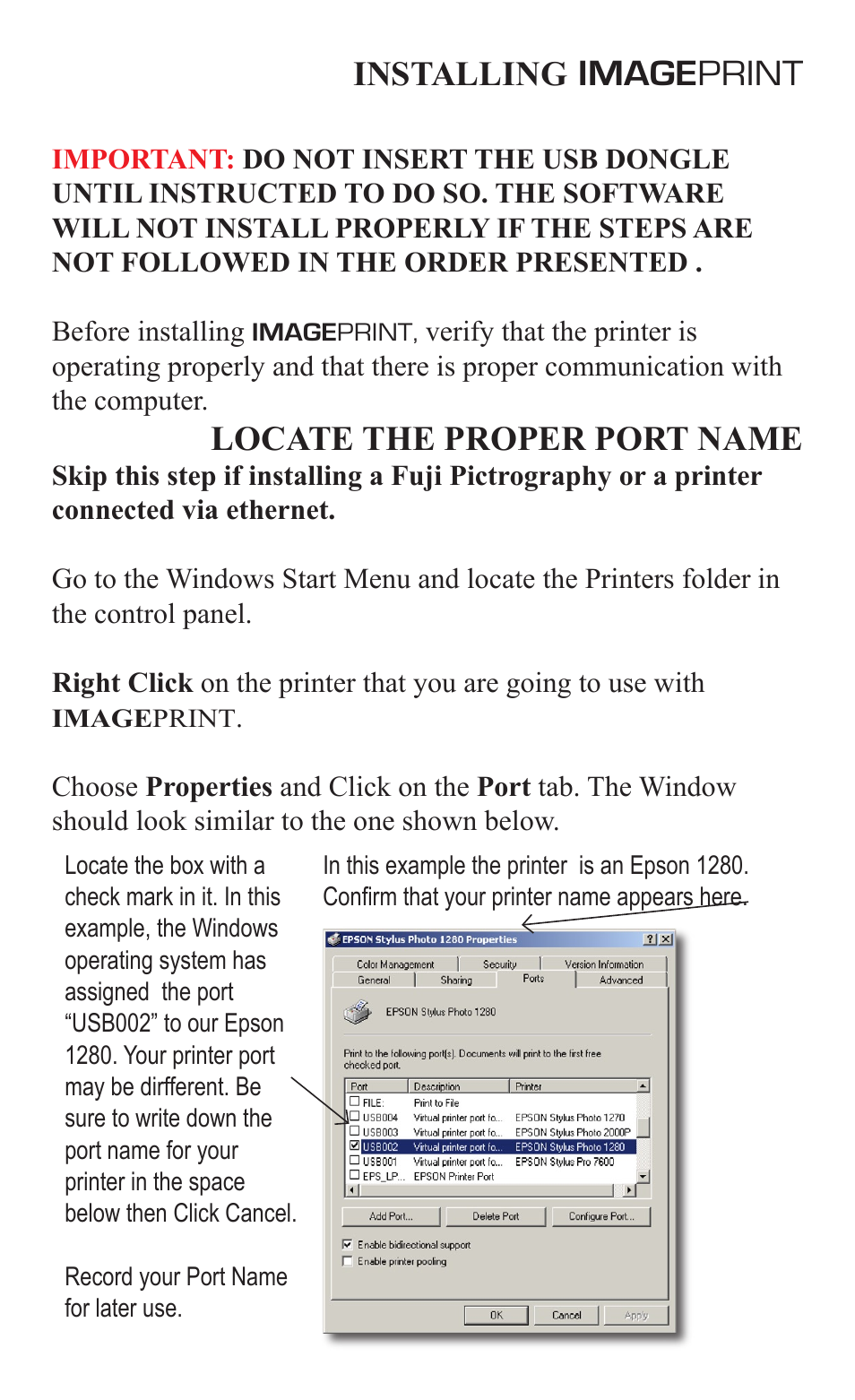 Image print, Installing, Locate the proper port name | Epson 2000/XP User Manual | Page 3 / 11