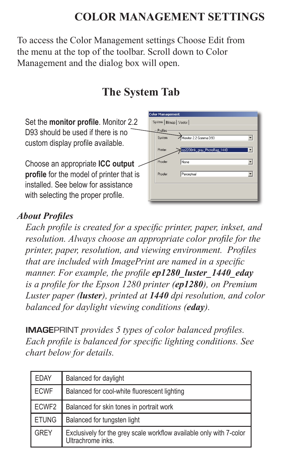 Color management settings, The system tab | Epson 2000/XP User Manual | Page 7 / 11