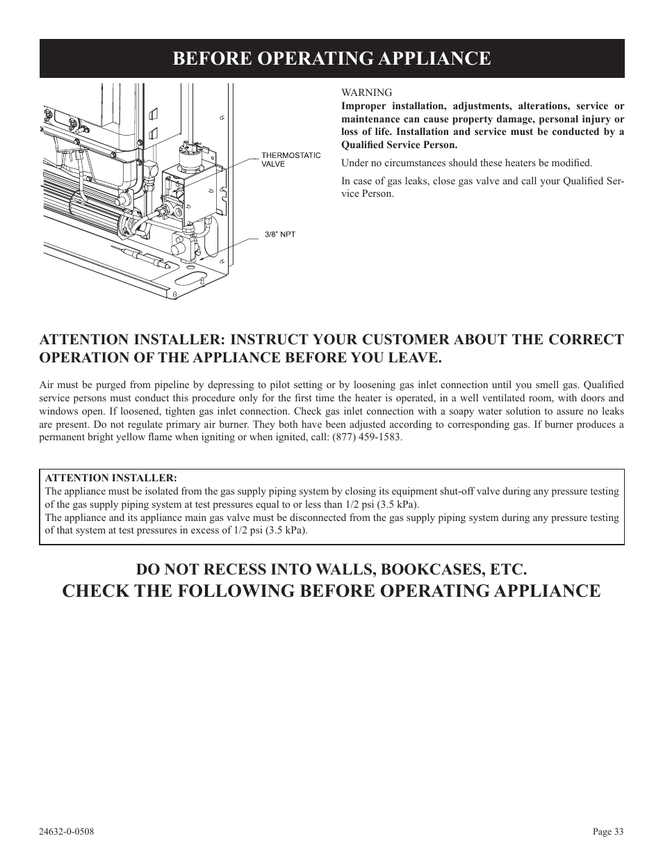 Before operating appliance, Check the following before operating appliance, Do not recess into walls, bookcases, etc | Epson HWDV080DV(N User Manual | Page 33 / 48