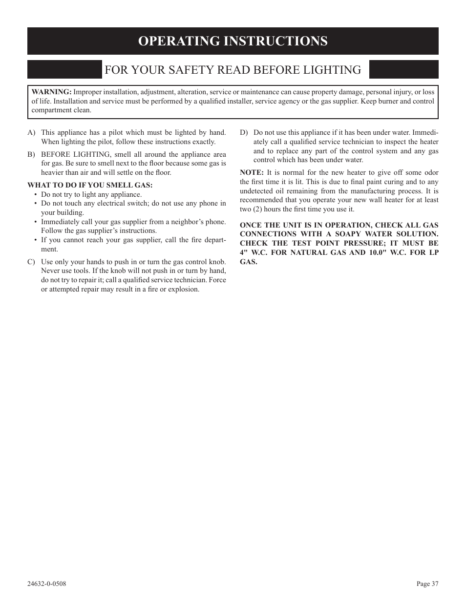 Operating instructions, For your safety read before lighting | Epson HWDV080DV(N User Manual | Page 37 / 48