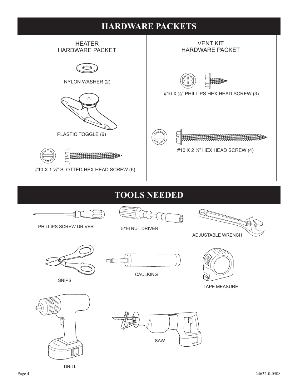 Tools needed, Hardware packets | Epson HWDV080DV(N User Manual | Page 4 / 48
