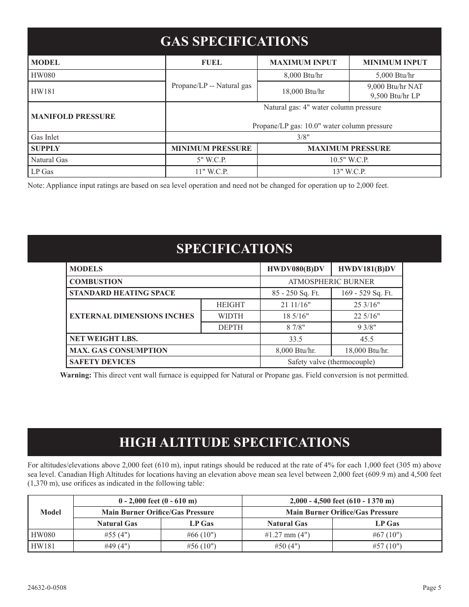 Gas specifications, Specifications, High altitude specifications | Epson HWDV080DV(N User Manual | Page 5 / 48