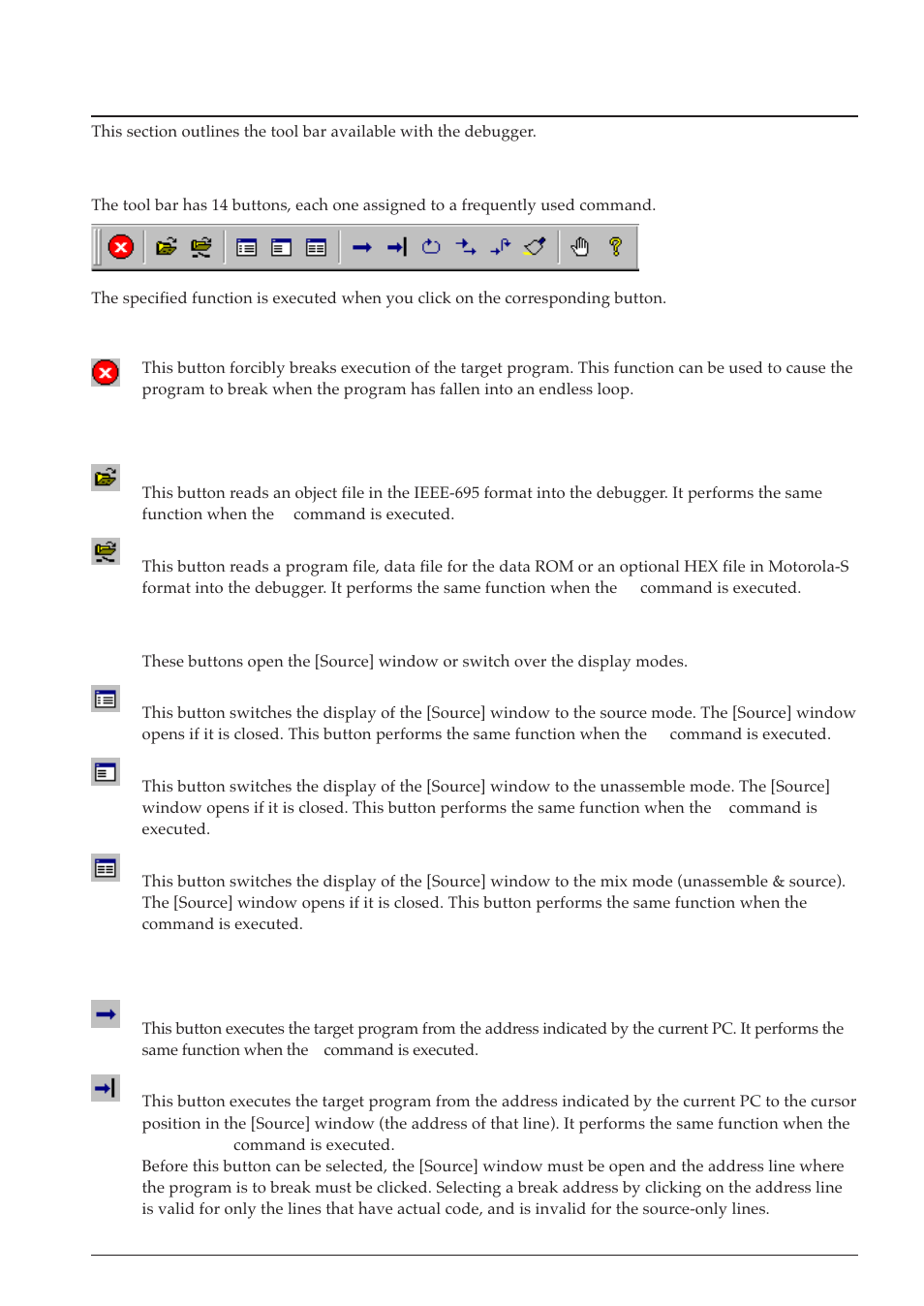 5 tool bar, 1 tool bar structure, 2 [key break] button | 3 [load file] and [load option] buttons, 4 [source], [mix], and [unassemble] buttons, Menu | Epson S5U1C63000A User Manual | Page 145 / 346