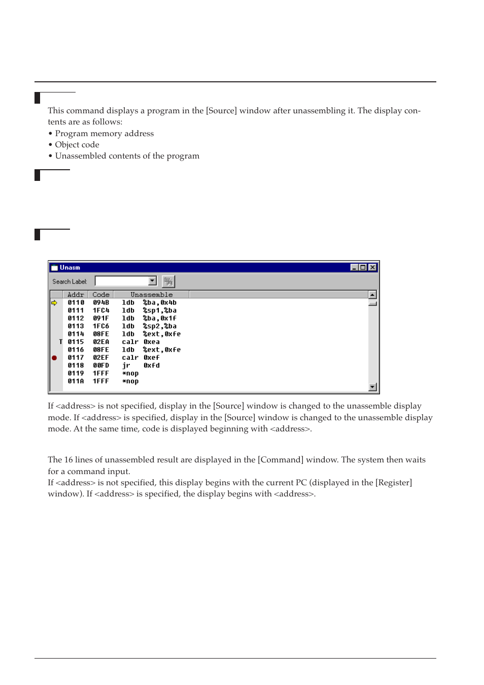 10 program display, U (unassemble), Sy (symbol list) | 12 load file | Epson S5U1C63000A User Manual | Page 214 / 346