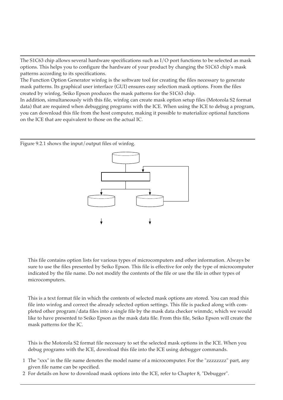 9 function option generator, 1 outline of the function option generator winfog, 2 input/output files | Chapter, Unction, Ption, Enerator | Epson S5U1C63000A User Manual | Page 254 / 346