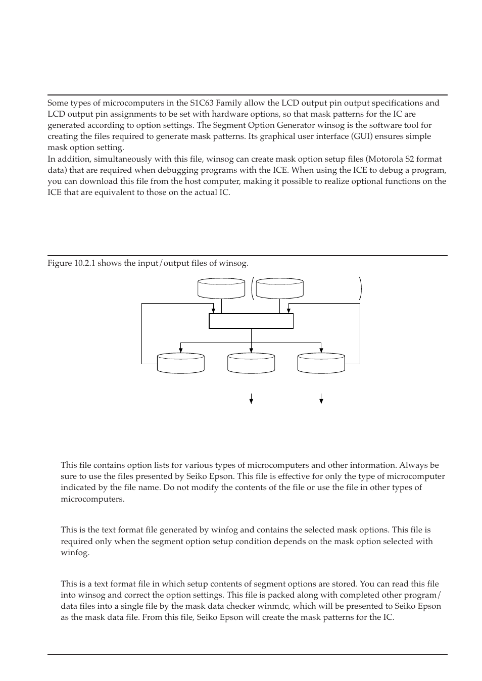 10 segment option generator, 1 outline of segment option generator winsog, 2 input/output files | 10 s, Chapter, Egment, Ption, Enerator | Epson S5U1C63000A User Manual | Page 263 / 346