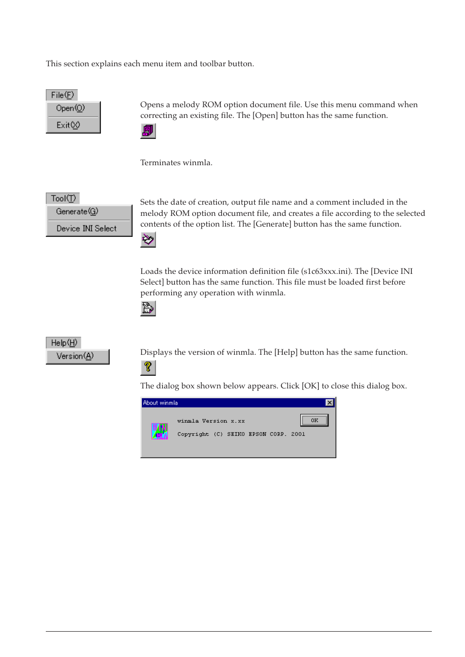 3 menus and toolbar buttons | Epson S5U1C63000A User Manual | Page 279 / 346