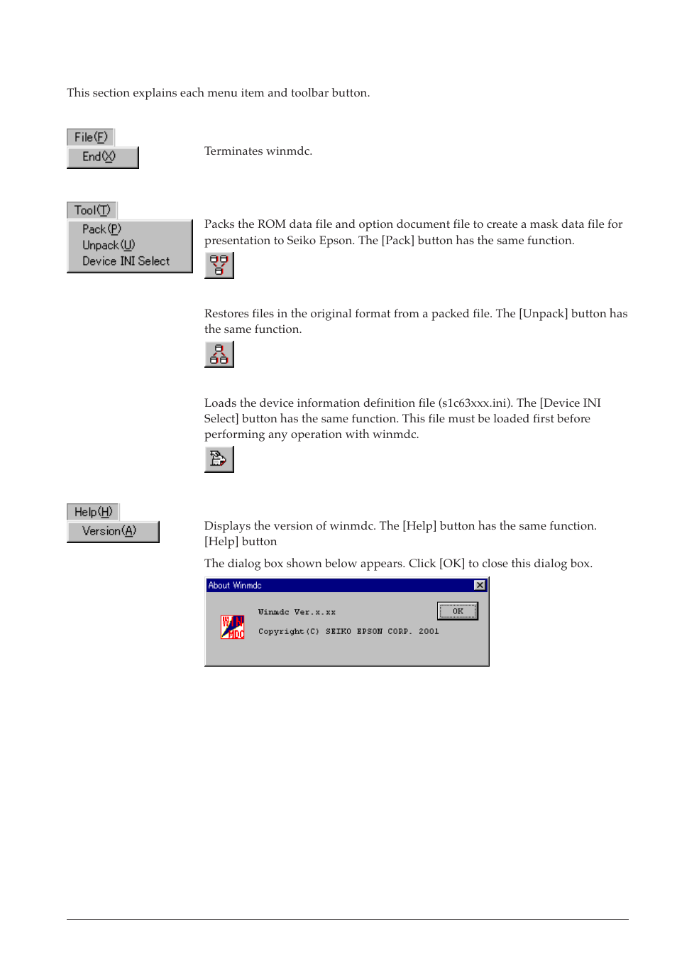 2 menus and toolbar buttons | Epson S5U1C63000A User Manual | Page 297 / 346