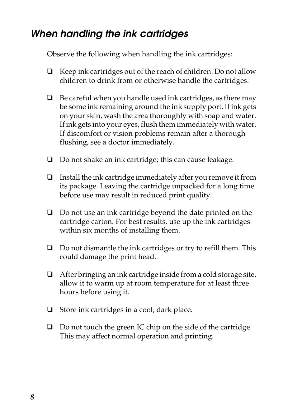 When handling the ink cartridges | Epson Photo 925 User Manual | Page 10 / 152