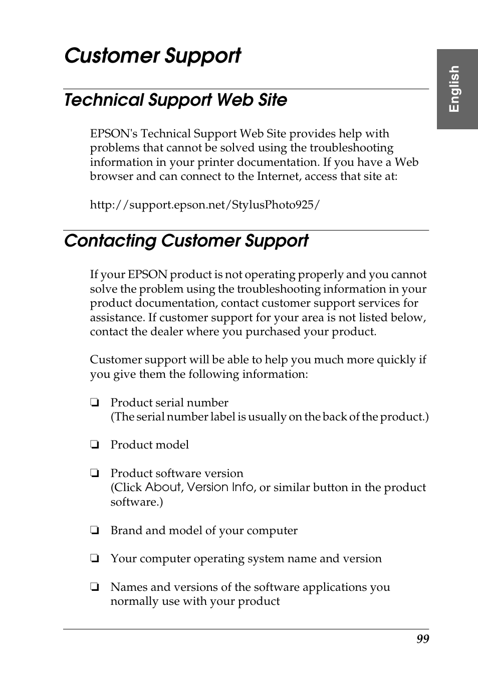 Customer support, Technical support web site, Contacting customer support | Epson Photo 925 User Manual | Page 101 / 152