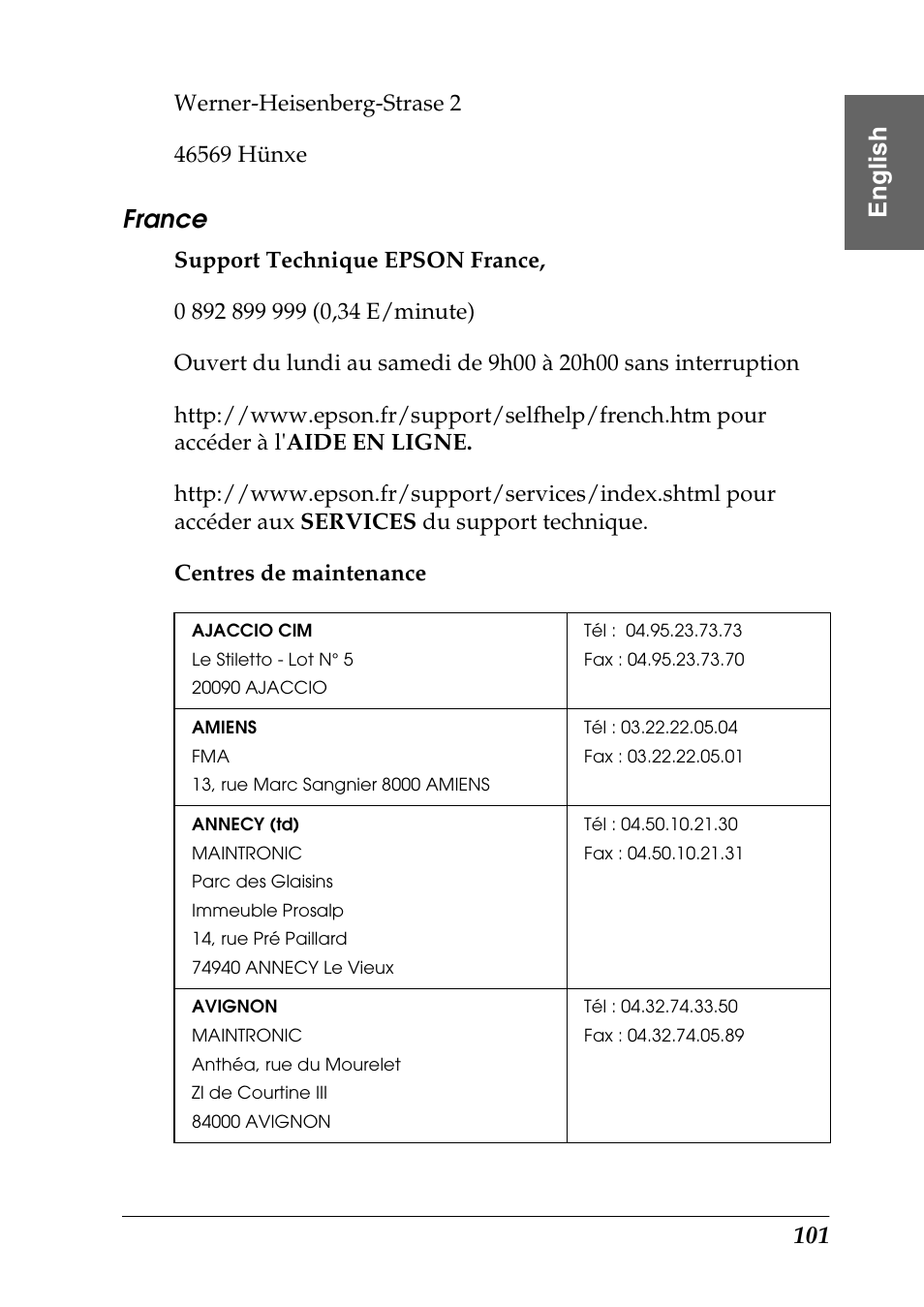 France, Eng li s h | Epson Photo 925 User Manual | Page 103 / 152