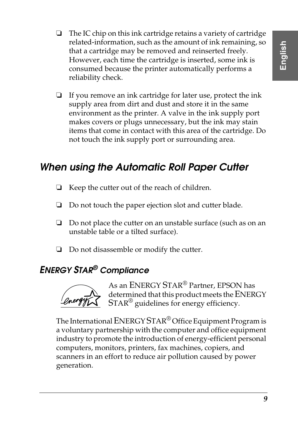 When using the automatic roll paper cutter, Energy star® compliance | Epson Photo 925 User Manual | Page 11 / 152