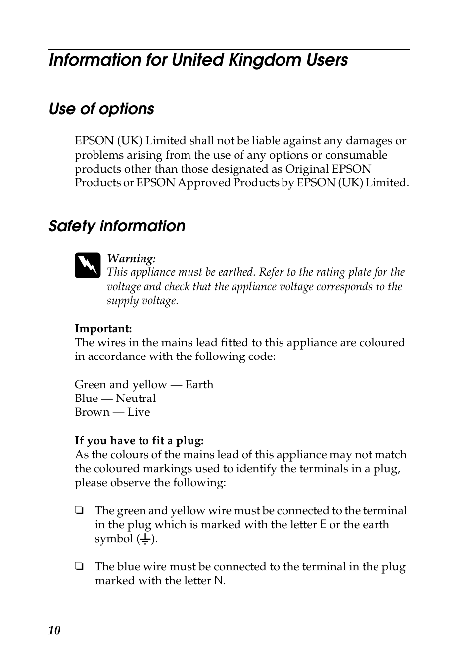 Information for united kingdom users, Use of options, Safety information | Epson Photo 925 User Manual | Page 12 / 152