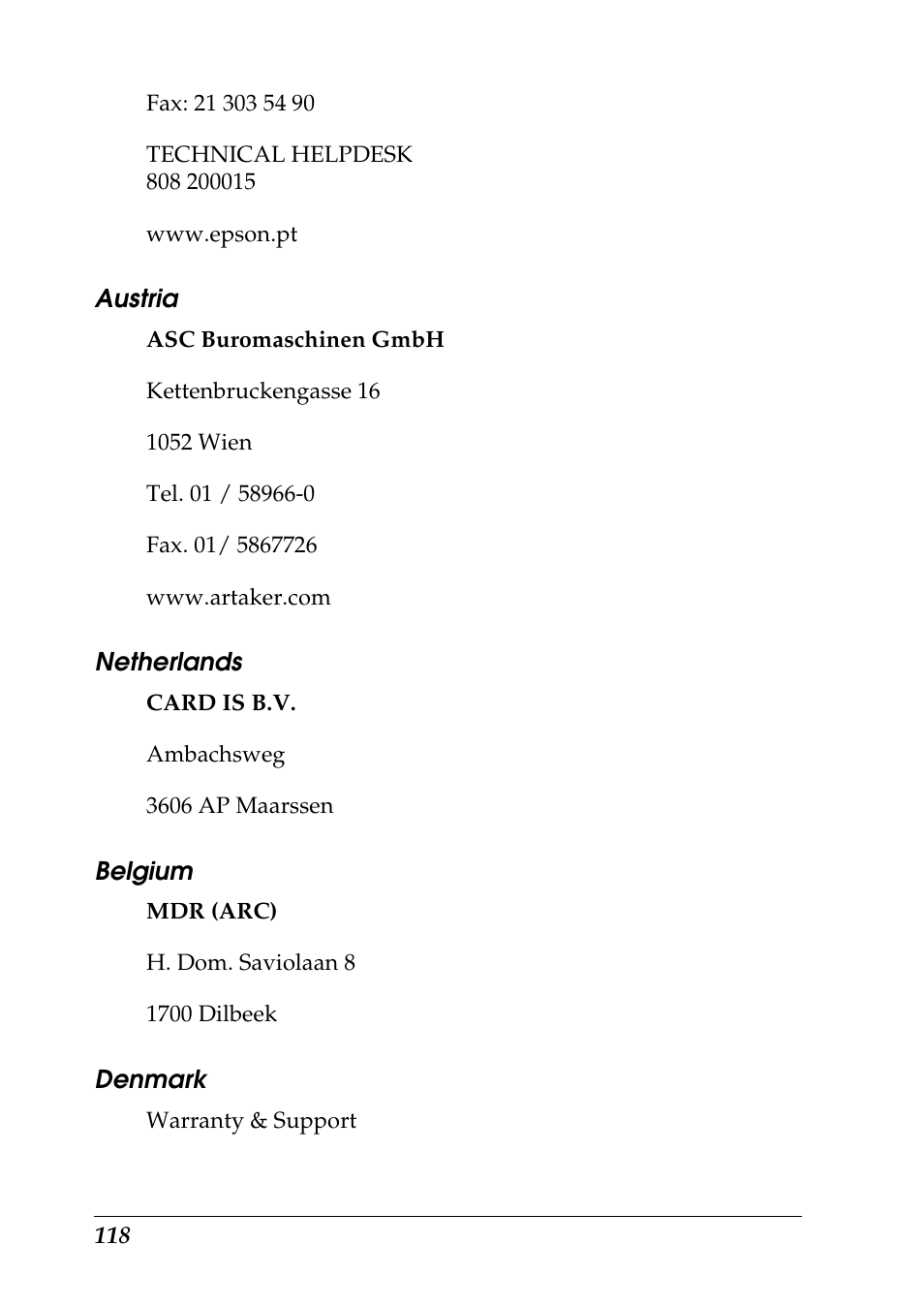 Austria, Netherlands, Belgium | Denmark | Epson Photo 925 User Manual | Page 120 / 152
