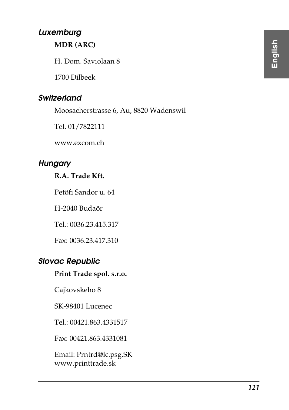Luxemburg, Switzerland, Hungary | Slovac republic | Epson Photo 925 User Manual | Page 123 / 152