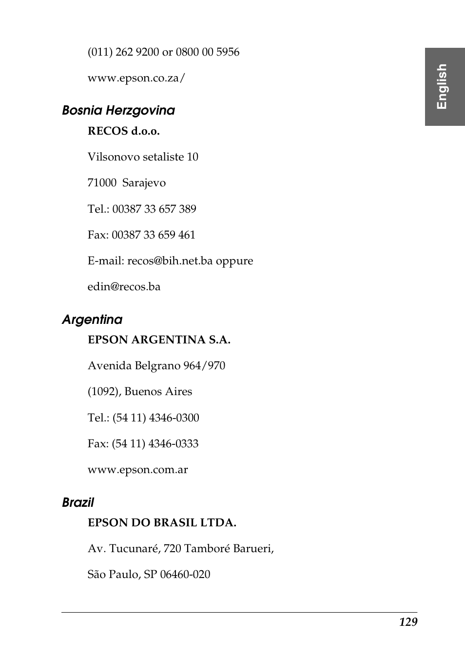 Bosnia herzgovina, Argentina, Brazil | Epson Photo 925 User Manual | Page 131 / 152