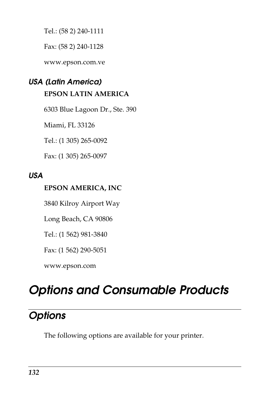 Usa (latin america), Options and consumable products, Options | Epson Photo 925 User Manual | Page 134 / 152