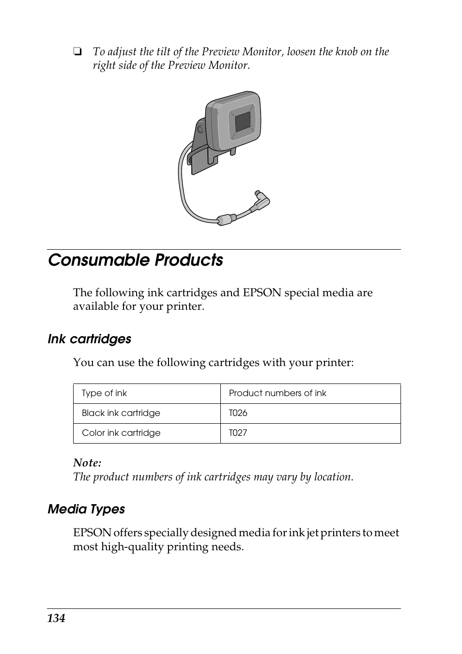 Consumable products, Ink cartridges, Media types | Epson Photo 925 User Manual | Page 136 / 152