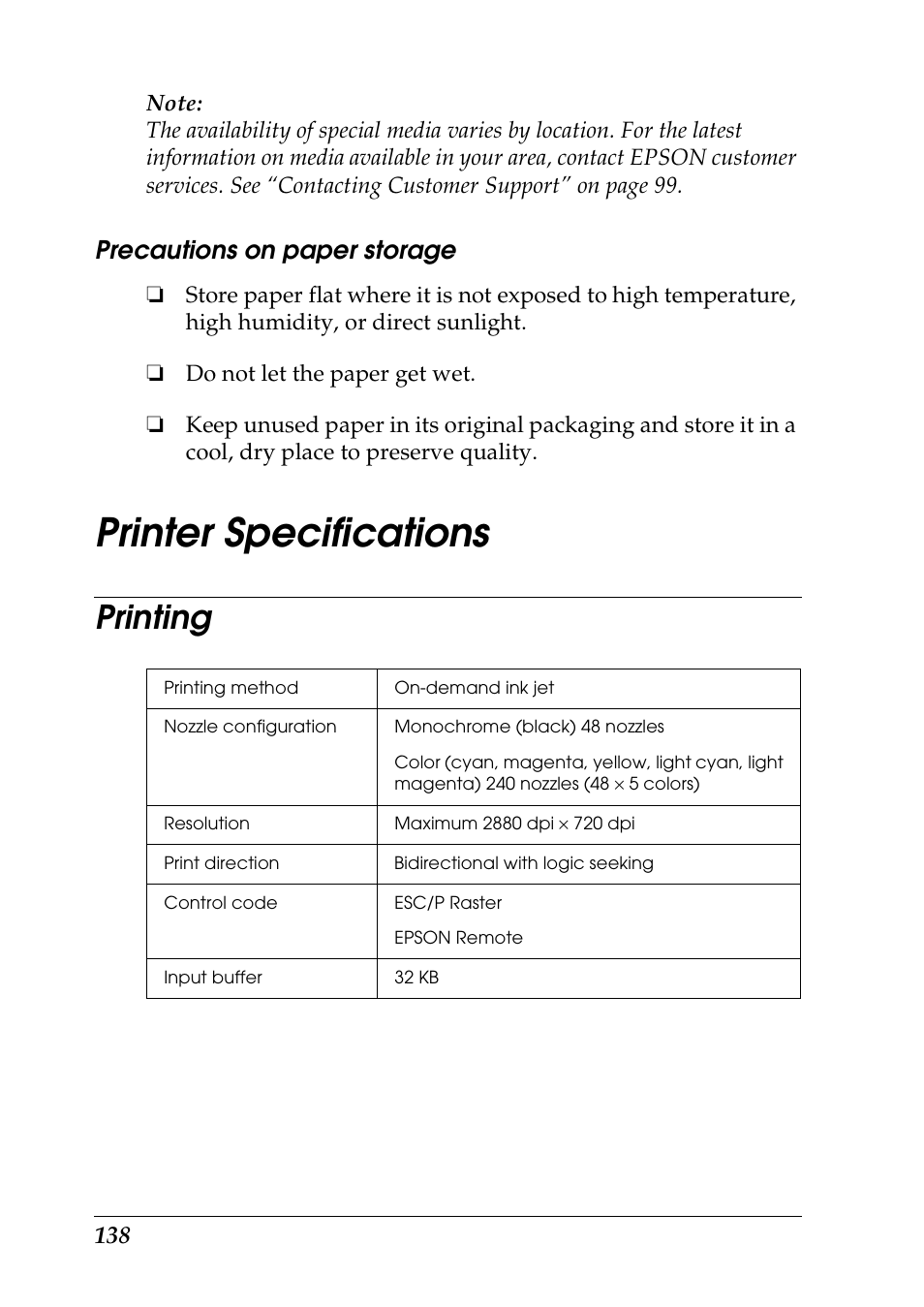 Precautions on paper storage, Printer specifications, Printing | Epson Photo 925 User Manual | Page 140 / 152