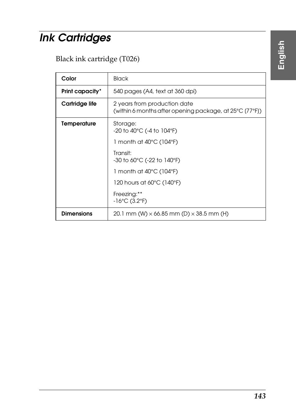 Ink cartridges, Eng li s h, Black ink cartridge (t026) | Epson Photo 925 User Manual | Page 145 / 152