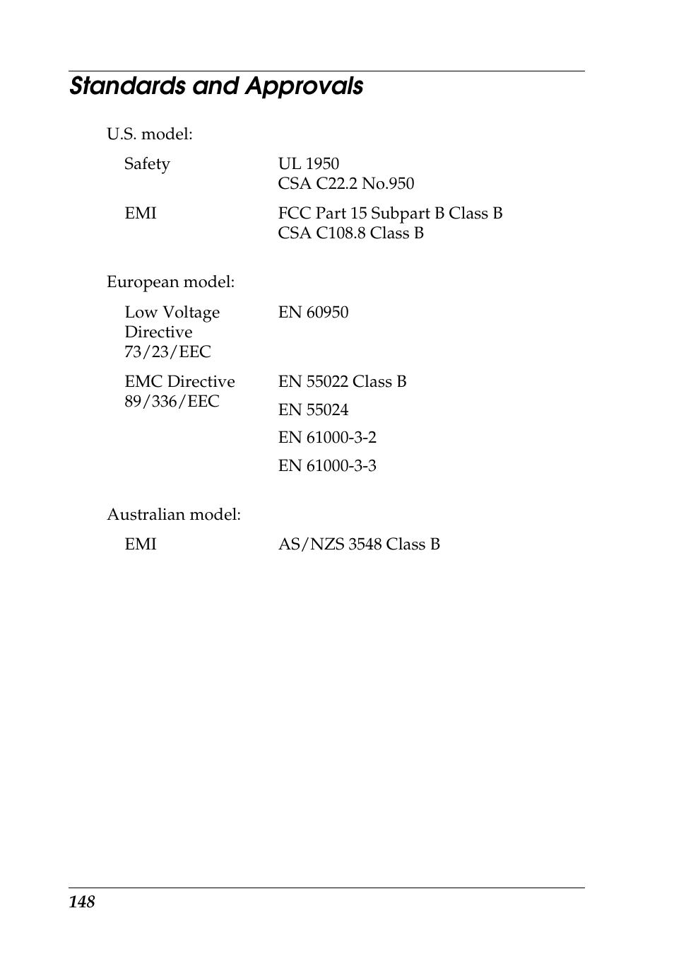 Standards and approvals | Epson Photo 925 User Manual | Page 150 / 152