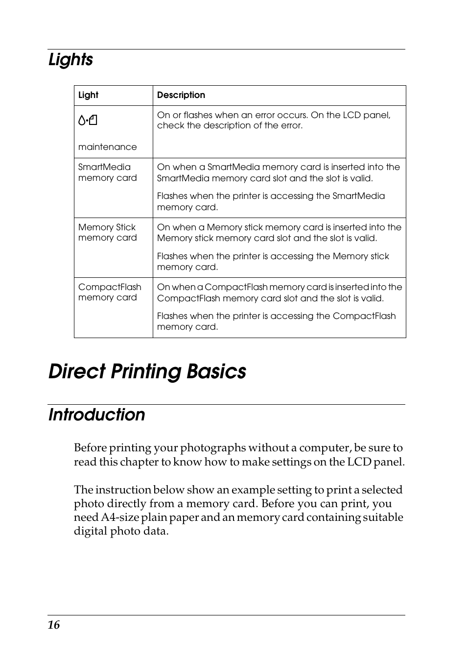 Lights, Direct printing basics, Introduction | Epson Photo 925 User Manual | Page 18 / 152