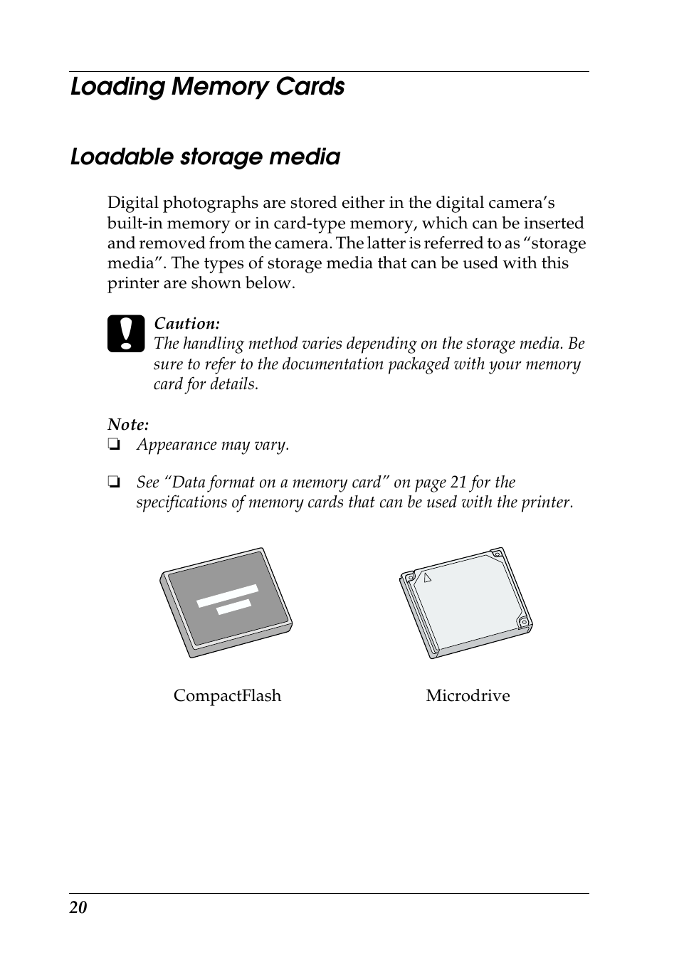 Loading memory cards, Loadable storage media | Epson Photo 925 User Manual | Page 22 / 152