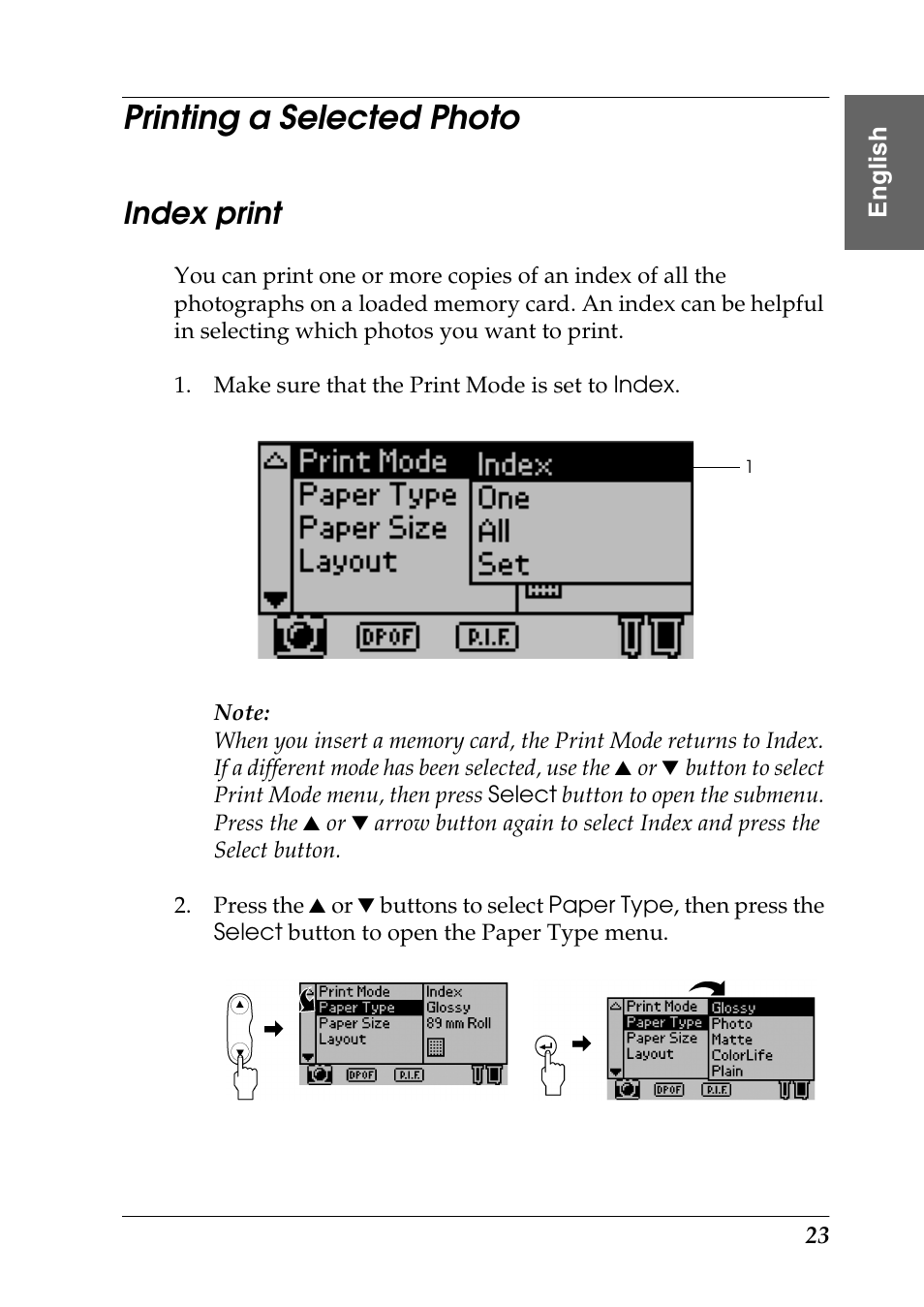 Printing a selected photo, Index print | Epson Photo 925 User Manual | Page 25 / 152