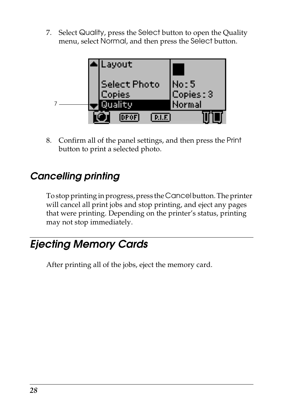 Cancelling printing, Ejecting memory cards | Epson Photo 925 User Manual | Page 30 / 152
